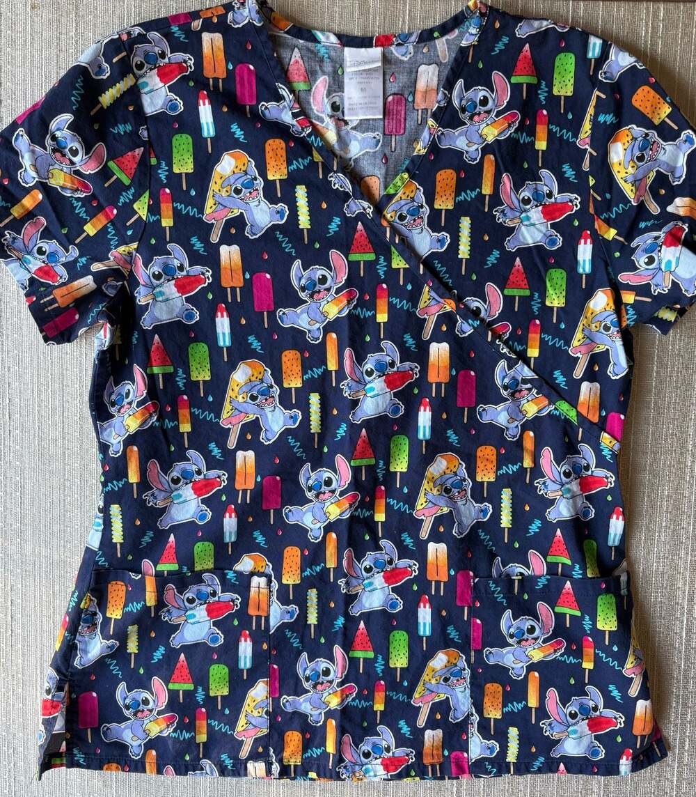 Disney Lilo & Stitch Popsicle Print Mock Wrap Scrub Top